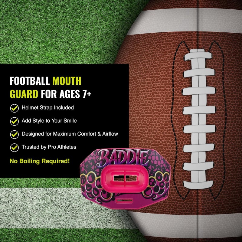 DAMAGE CONTROL Youth Football Mouth Guard – Breathable No Boil Mouthpiece, Protects Lips & Teeth, Works with Braces, Includes Helmet Strap – Sports Gear & Accessories (Baddie) - Image 4